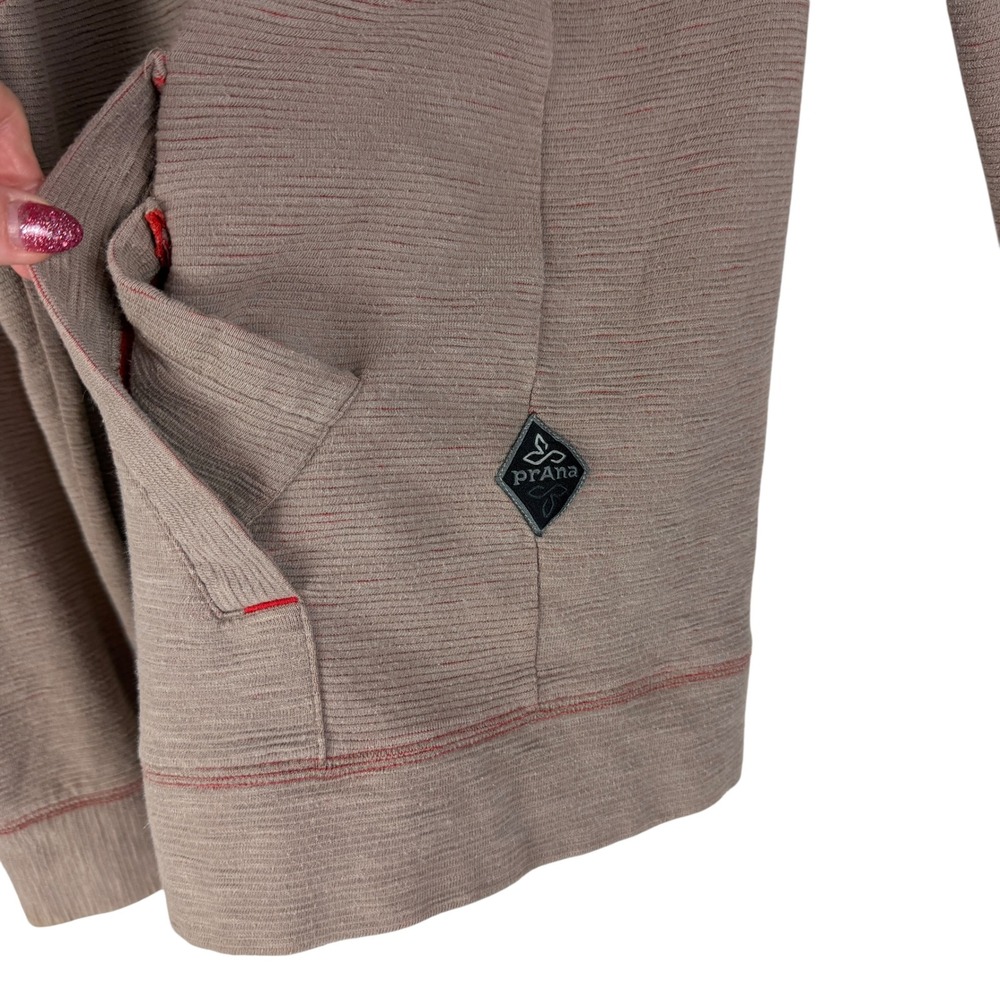 Prana Men's Large Full Zip Hoodie Tan Red Organic Cotton Textured‎ Rib Knit - Picture 7 of 11